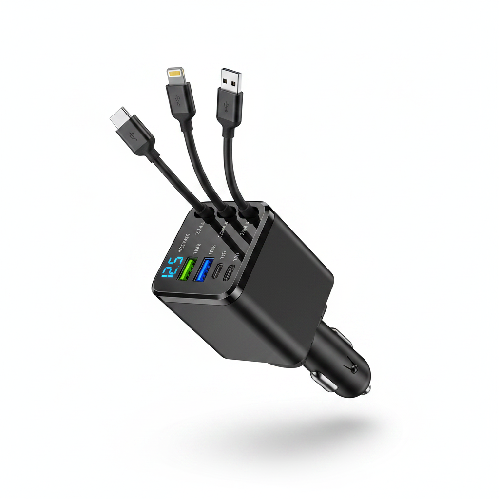 Cargador de Auto 7 en 1 – 180W, Cables Retráctiles PD/QC 3.0 y Pantalla LED